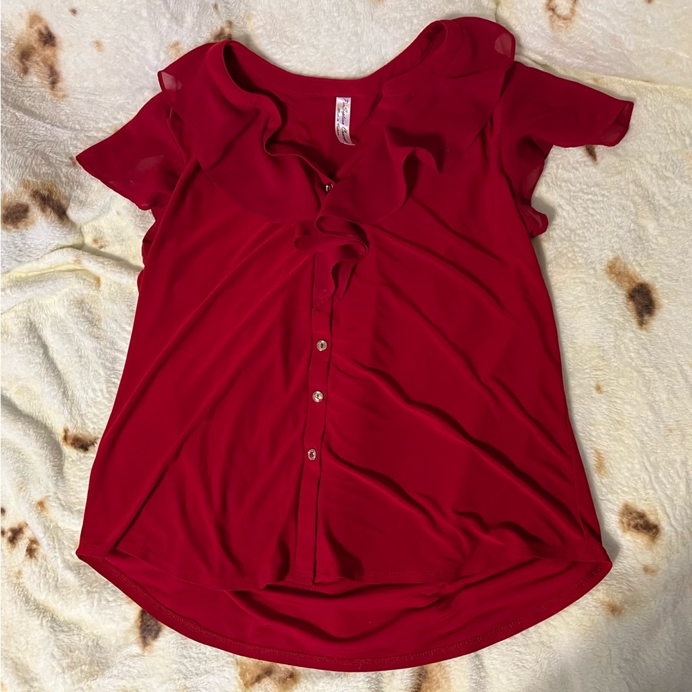 Deep red button down short sleeve blouse by PerSeption Concept size L